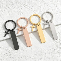 Porte-clés en acier inoxydable rectangulaire 12x50mm avec pendentif croix, vierge, pour impression laser ou UV, porte-clés métallique DIY