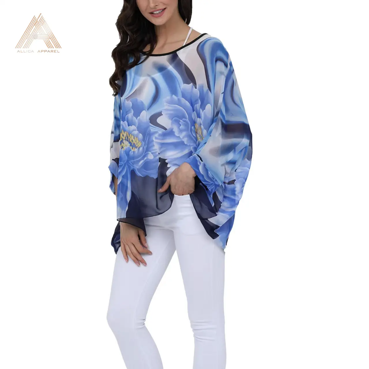 ALLICA 2022 Summer Batwing Sleeves Womens Top O-Neck Floral Print Chiffon Bohemian Style Beach Holiday Cover-ups Cape Top