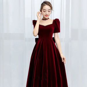 Velvet Evening Gown Square Collar Puff Sleeve Burgundy Formal Dress Vintage Style Women's Long Dress - Product Image 1