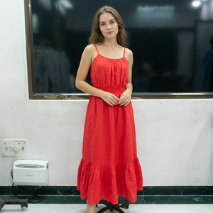 Red Spaghetti Strap Maxi <b>Dress</b> Flared Hem <b>Elastic</b> Waist Casual Summer Woven Cotton A-Line Tailored Fit Solid Color Eco-Friendly - Product Image 1