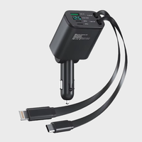 Chargeur de voiture rapide avec affichage numérique LED, 2 câbles rétractables, station de téléphone portable 4-en-1 pour iPhone 16 Type C, tension 12-24V