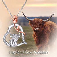 Bijoux sur le thème des animaux Collier à pendentifs en argent sterling 925 avec cœur de rose et zircon et vache Highland