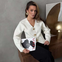 Kardigan Rajut V-Neck Elegan Wanita Kancing Emas Lengan Panjang Slim Fit Jaket Sweater Rajut Wanita Kantoran Pakaian Luar Musim Gugur