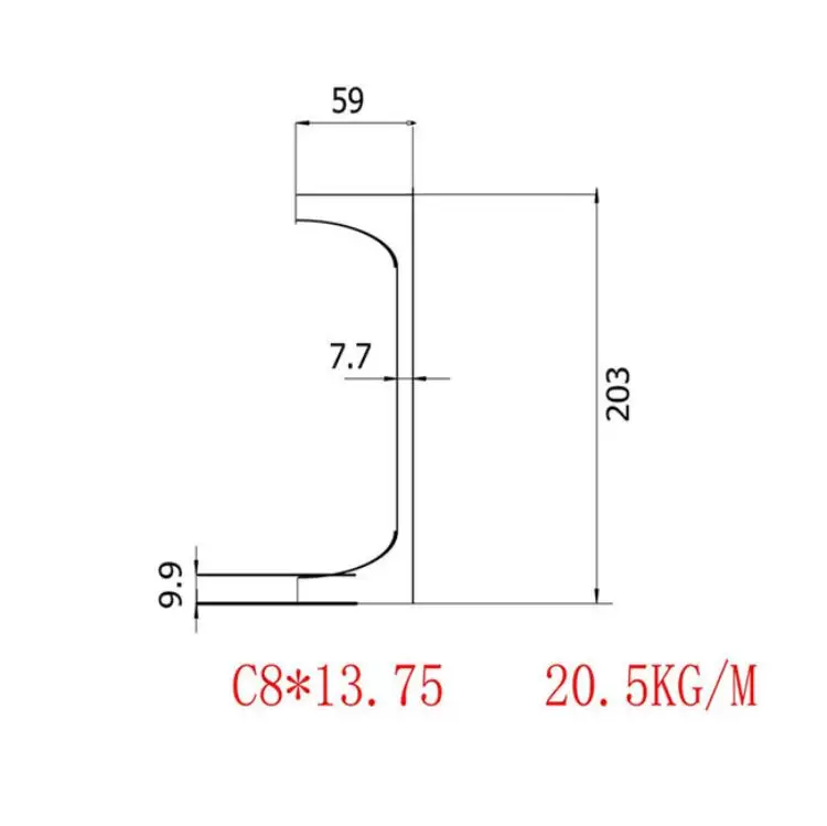 Channel C8x13.75 dimensi: 203*59*7.7*9.9 standar ASTMA6/A 6m-12 S355JR dan A572 ekspor kemasan