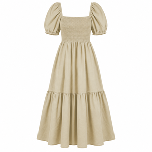 Beige Smocked <b>Maxi</b> <b>Dress</b> Puff Sleeve Square Neck Tiered Midi <b>Dress</b> Casual Summer Women <b>Dress</b> - Product Image 4