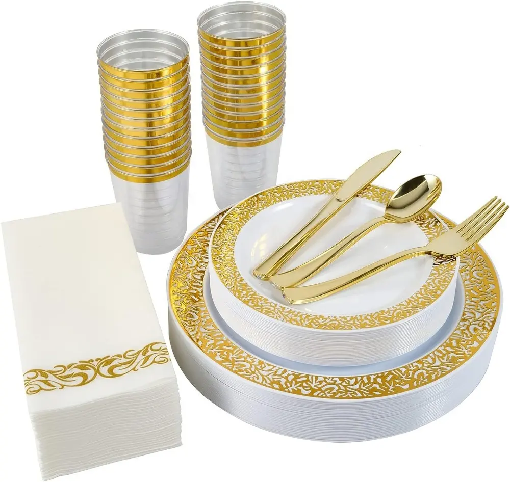 Beyaz altın gül gümüş dantel jant plakaları yemekleri tek kullanımlık Premium plaka seti şarj düğün yemeği plastik şarj aleti tabaklar