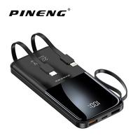 PINENG PN-797PD Power Bank ultra-fin 10000mAh avec câbles intégrés, charge rapide 22.5W, chargeur portable pour iPhone et Android