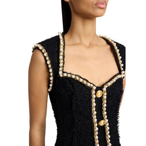 Mini <span class=keywords><strong>abito</strong></span> da donna con rivestimento <span class=keywords><strong>in</strong></span> <span class=keywords><strong>Tweed</strong></span> elegante a vita alta personalizzato con collo quadrato di alta qualità - Product Image 5