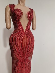 Robe longue de soirée rouge scintillante avec strass pour anniversaire, banquet, dîner formel, bal de promo, robe fourreau pour femme, <span class=keywords><strong>tenue</strong></span> de club - Product Image 4