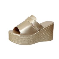 Sandales compensées métalliques en PU pour femmes, à talon haut, plateforme épaisse, bout ouvert, à enfiler, grande taille, semelle intermédiaire en EVA, pour l'été – Vente en gros