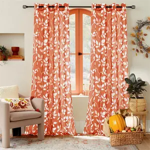 锈蚀焦橙色窗帘叶子图案印花设计窗户客厅卧室装饰透明窗帘