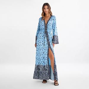 <span class=keywords><strong>Vestido</strong></span> Maxi Largo Bohemio para Mujer <span class=keywords><strong>con</strong></span> Estampado Paisley Personalizado, <span class=keywords><strong>Azul</strong></span> <span class=keywords><strong>Cielo</strong></span>, Cuello en V, Manga Campana, Cintura <span class=keywords><strong>con</strong></span> Cordón y Abertura Alta - Product Image 4