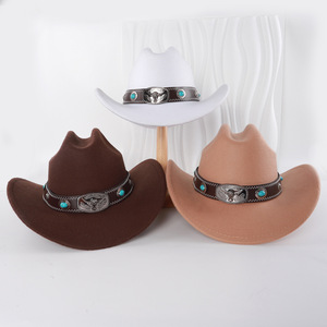 Sombreros de vaquero con banda de cabeza de toro turquesa, M56-58cm, poliéster, estilo artístico Retro, sombrero Fedora para mujer, accesorios de moda - Product Image 2