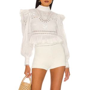 Haut court personnalisé pour femme, style lanterne, brodé, ajouré, à volants et dentelle, dos nu sexy, avec nœud, blanc, élégant - Product Image 6