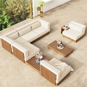 Luxury L Shape Outdoor Lounge Modern Garden Teak Wood Furniture Patio Sofa Set Of Deep Seating Cushions