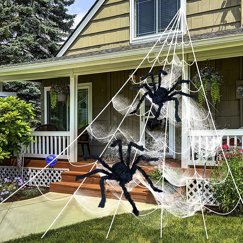 Outdoor Indoor Halloween Party Wall Decorations Huge Triangular Cloth Spider Web With Hairy Spider And Super Stretch Cobweb