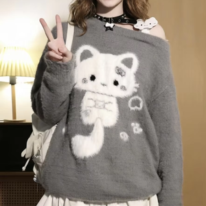 Pull en tricot doux et moelleux gris avec motif chat mignon, pull oversize Kawaii à épaules dénudées pour <span class=keywords><strong>femme</strong></span>, streetwear d'hiver - Product Image 1