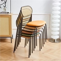 Chaise de salle à manger de style nordique moderne, siège en cuir et dossier en rotin canné, empilable, pour la maison, le bureau, l'hôtel, le restaurant
