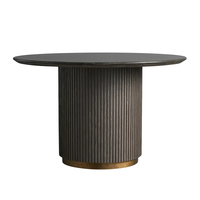 Table à manger ronde en marbre, fabrication directe d'usine, base cylindrique en chêne cannelé moderne, accent doré, plateau en pierre de luxe, utilisation hôtelière, 6 places