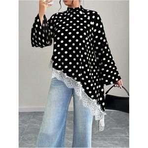 Blusa Elegante Estampada con Puntos para Mujer, Manga Larga, Manga Campana, Adorno de Encaje Asimétrico, Top de Gasa para Uso Diario - Product Image 4