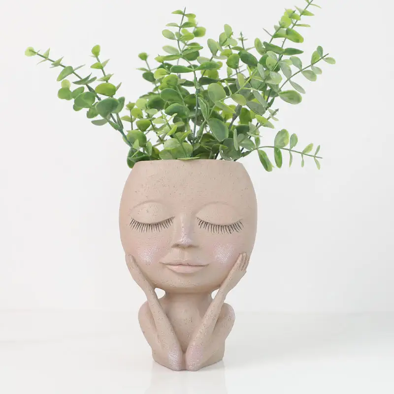 Mydays Face Closed Eyes Flower Pot Head Resin Vase Succulent Planter Cute Cactus Planter with Drainage Hole