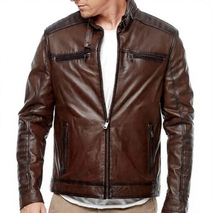 Veste Moto Décontractée Homme LONG MISSION INDUSTRY en Cuir Véritable Marron Respirant Col Montant Fermeture Éclair Coupe Droite Hiver - Product Image 2