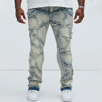 XJYD Vêtements Homme Personnalisés Jeans Évasés Détruits Style Vintage Délavé Hip Hop Jean Laser Bleu Clair Superposé