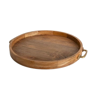 Bandeja para servir comida rápida de mesa de madera natural Bandeja para servir de madera Cubiertos Bandeja redondeada decorativa con asa - Product Image 1