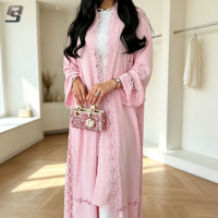 Abaya rose modeste personnalisée avec bordure en dentelle, Kaftan Dubaï, robe longue ouverte sur le devant pour femmes musulmanes