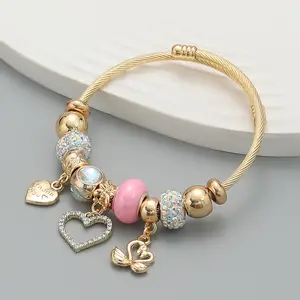 C&J Rhinestone Alloy Love Heart Couple Beaded Accessories Pendant Open Adjustable Cubic Women Fashion Jewelry Bangles Bracelets