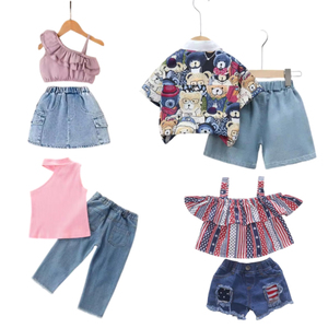 สินค้าใหม่ ชุดฤดูร้อนสำหรับเด็กผู้หญิง เสื้อผ้าฝ้ายเด็ก ชุดเซ็ต 2 ชิ้น พร้อมเสื้อยืด กระโปรงยีนส์ กางเกง และเสื้อกล้ามสำหรับเด็ก - Product Image 3