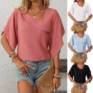 Blusa de Gasa con Cuello en V y Manga Corta con Diseño de Pétalos, Transpirable, Elegante y Casual para Oficina, Nueva Colección Europea y Americana para Mujer - Product Image 1