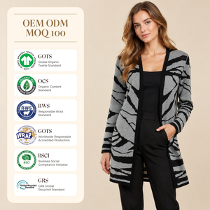 <span class=keywords><strong>Cardigan</strong></span> Lungo da Donna con Motivo <span class=keywords><strong>Zebrato</strong></span>, Lavorazione Jacquard, Apertura Frontale, Nero Grigio Mélange, Maglione Invernale Personalizzato OEM - Product Image 2