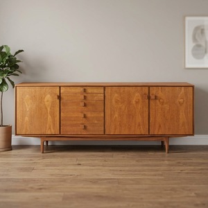 Solid Teak Wood <b>Sideboard</b> Mid Century Modern 5 Drawer 3 Door Credenza Buffet Cabinet - Product Image 1