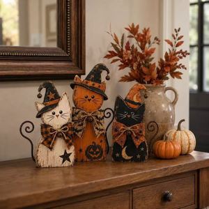 Halloween Holz-Ornament-Set Hexe Katze Figuren 3-teilig Vintage Rustikale Schreibtisch-Etagere Deko Party-Geschenk Großhandel - Product Image 1