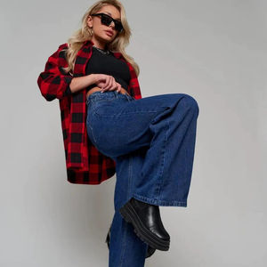 Jeans de Mujer de Pierna Ancha y Talle Medio, Color Azul Claro, Transpirables, Cómodos, Cintura Elástica, Lavado Desteñido, Estilo Casual, Sin Elástico, Talla XL - Product Image 1