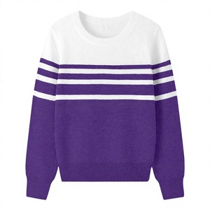Women's Purple White Striped Crew Neck Pullover Full Sleeve Casual Autumn Sweater 100% <b>Acrylic</b> Anti-Pilling Flat Knitted - Product Image 1