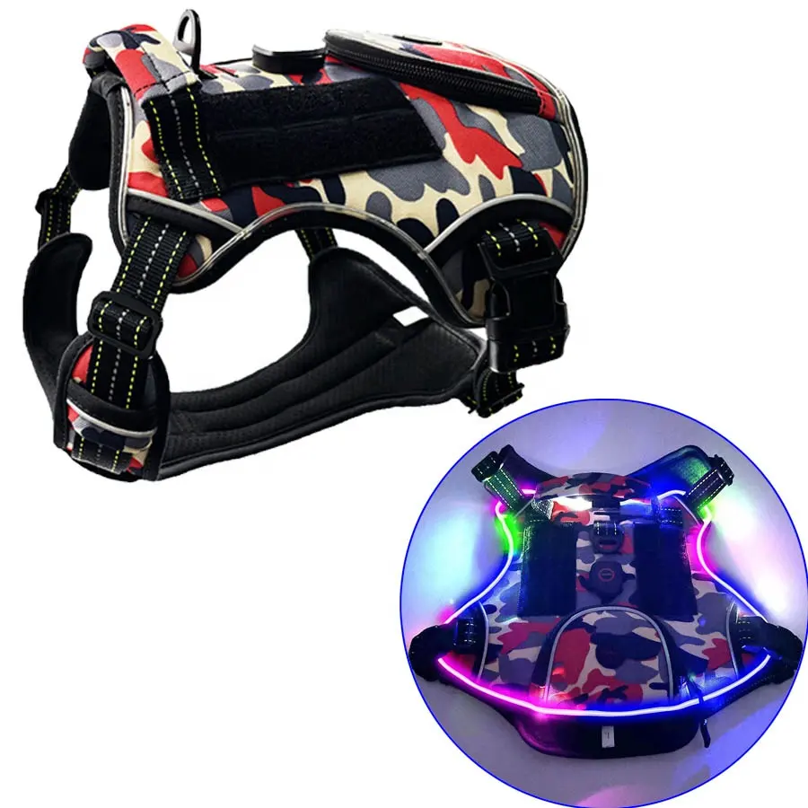 Night Safety Glowing Rechargeable UK Nylon Service K9 Tactical LED Dog Harness With Light Training Vests With Poop Bag Pouch