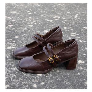 Collezione primavera 2025 donna eleganti in vera pelle tacchi alti marrone décolleté singole francesi con Top spesso in montone - Product Image 6