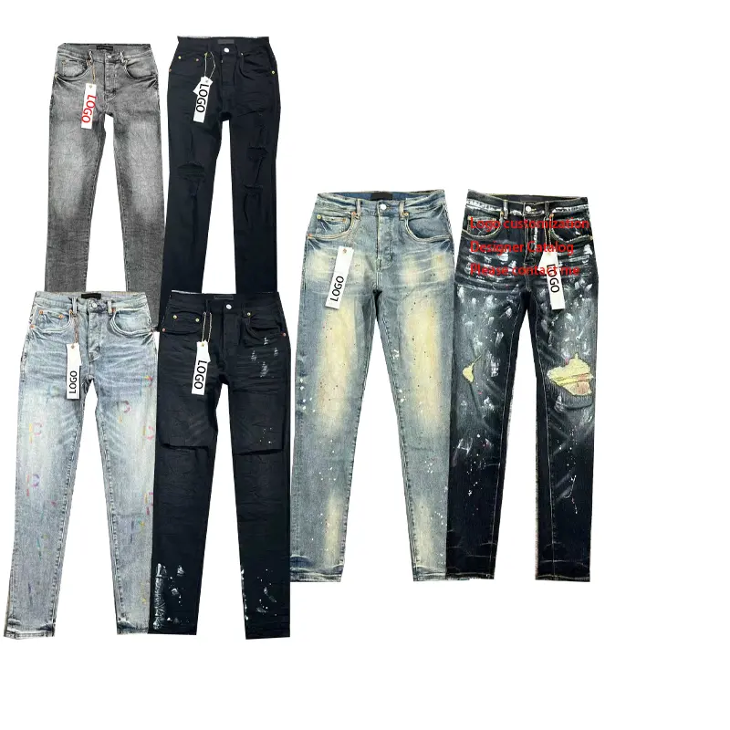 Oem Custom Paarse Jeans Slim Fit Merk Logo Designer Skinny Jeans Homme Voor Mannen