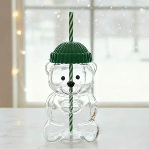 أكواب زجاجية مخصصة بتصميم كلاسيكي على شكل دب تيدي، أكواب شرب كرتونية لطيفة للقهوة والعصير والشاي والحليب مع قش - Product Image 1