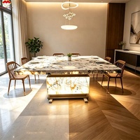 Table à manger de luxe en quartzite naturel Patagonia Pandora, en résine polie moderne, rétroéclairée, avec pieds en métal durables et imperméables