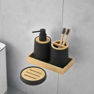 BEST Ensemble de 4 pièces minimaliste en plastique noir écologique avec support pour brosses à dents et couvercle en bambou, organisateur de rangement pour salle de bain - Product Image 3