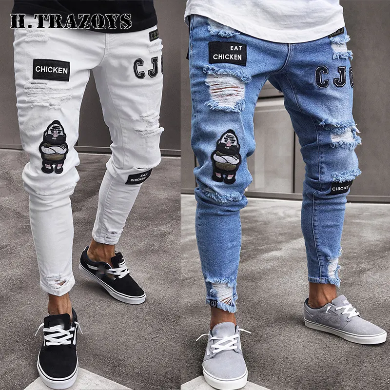 Wholesale Fashion Style Brand OEM Designer Tapered Slim Fit Ripped Hole Custom Logo Skinny Men Jeans Pants