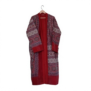 Hand Stitched <b>Quilted</b> Kantha <b>Jacket</b> Floral <b>Pattern</b> Winter Coat Tie Belt Pockets Indian Handmade Cotton Long Front Quick Dry - Product Image 1