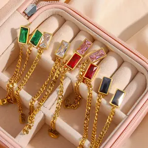 KMLS2060 Hot Selling Stainless Steel Gold Plated Square CZ Tassel Long Chain Earrings Girl Colorful Diamond Stud Earrings
