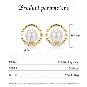Boucles d'oreilles clous en cuivre plaqué or 18 carats avec cercle ouvert, zircon cubique et perle blanche pour femme, bijoux modernes en zircon et perles, cadeau idéal - Product Image 6