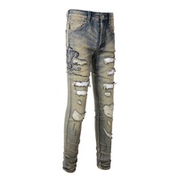 Vente en gros Hiver Serpent Broderie Hommes Denim Pantalon Vintage Bleu Lavé Écologique Hip Hop High Street Endommagé Patch Distressed
