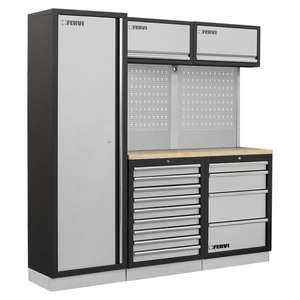Meuble d'atelier modulaire Fervi A007Q, armoire de rangement pour outils en acier avec panneau perforé et tiroirs pour garage - Product Image 1