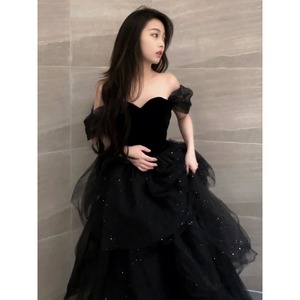 Black Off The Shoulder Tulle Ball Gown Dress Empire Waist Chiffon Graduation Ceremony Women Career Dress - Product Image 4